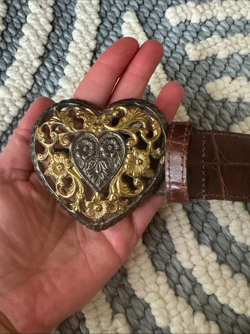 Vintage Streets Ahead Leather Belt Rare Openwork Face Buckle Brown Croc Embossed